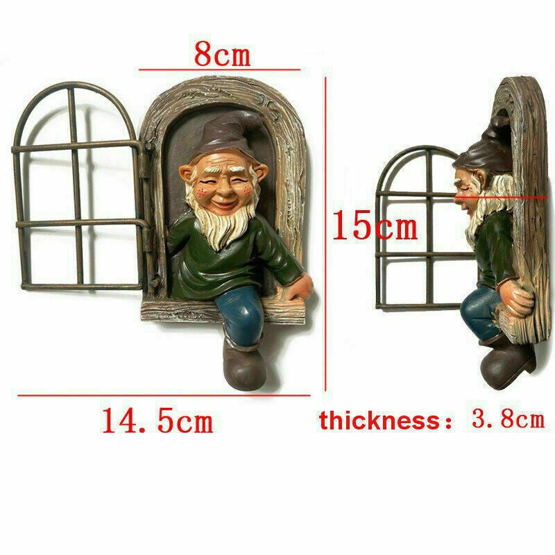 Elf Out The Door Window Tree Hugger Garden Gnome Statue